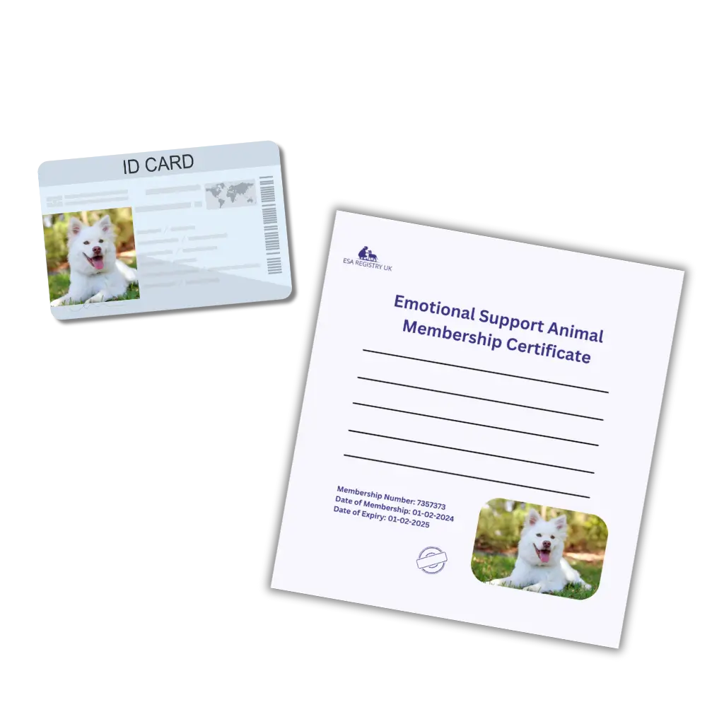 An example of emotional support animal ID card and certificate issued by ESA Registry UK.